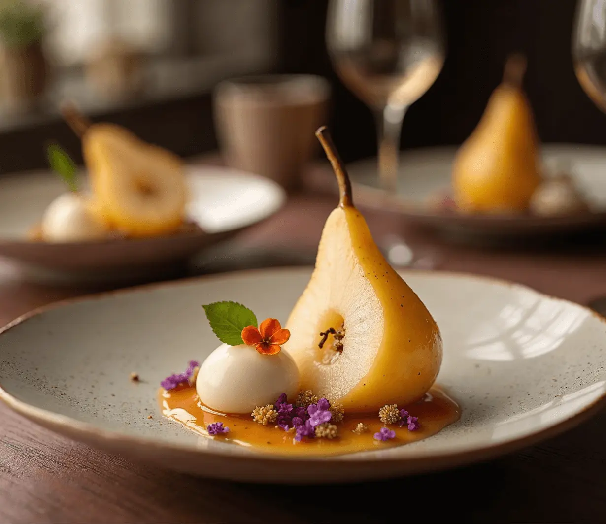 Kombucha Poached Pears with Cardamom Crème