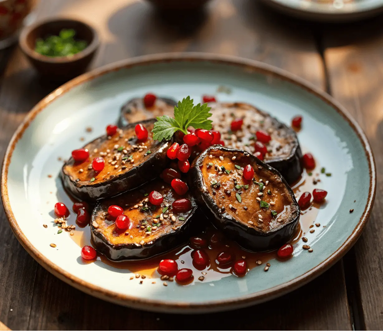 Miso-glazed eggplant with Sesame & Pomegranate